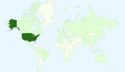 Google analytics map of countries from which people have visited 596acres.org