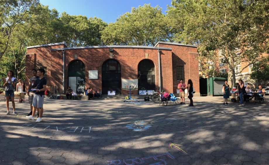 A publicly owned, closed building at Sara D. Roosevelt Park on the Lower East Side of Manhattan