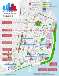 Map of underutilized Parks Department buildings in Community District 3 on the Lower East Side